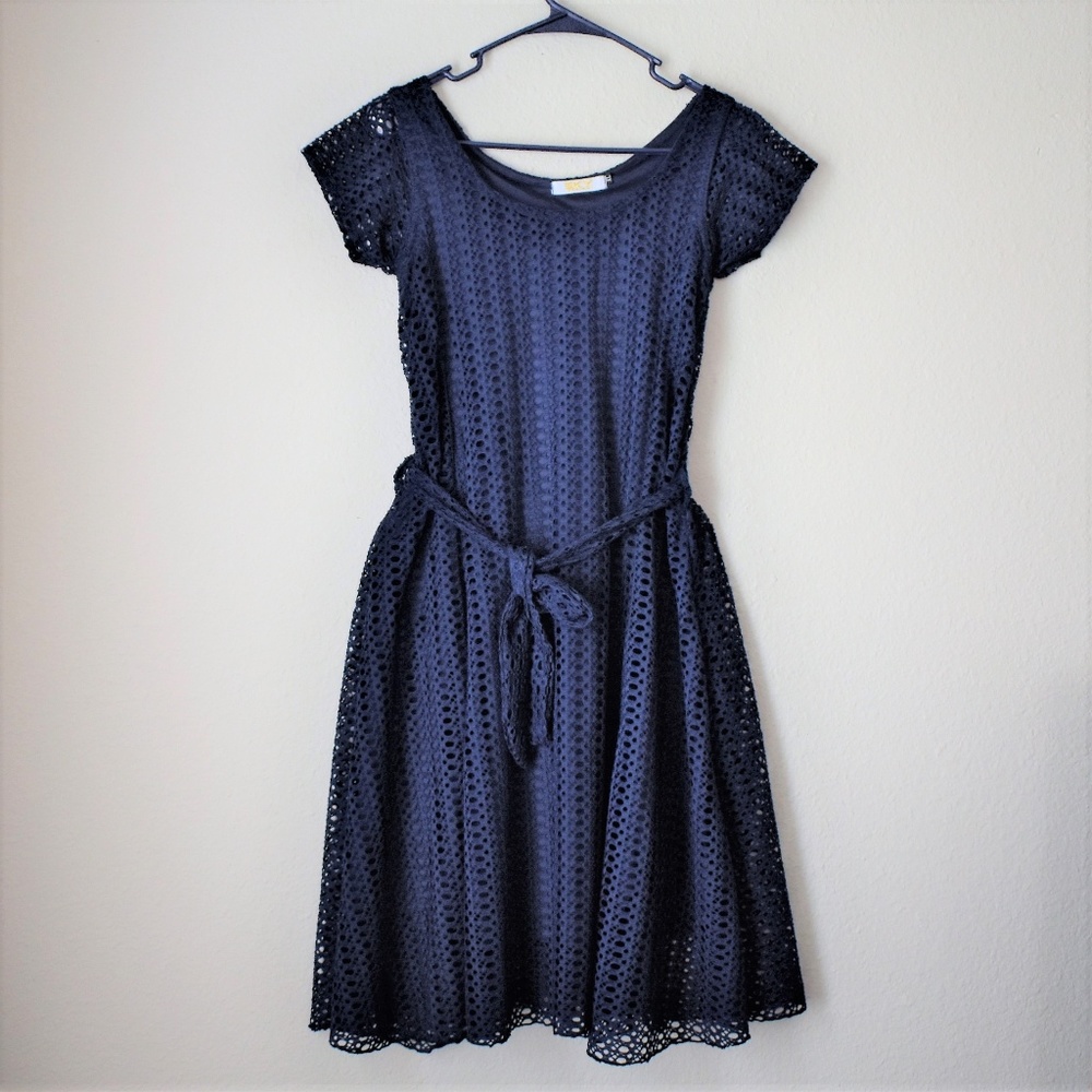Navy tie waist lace dress